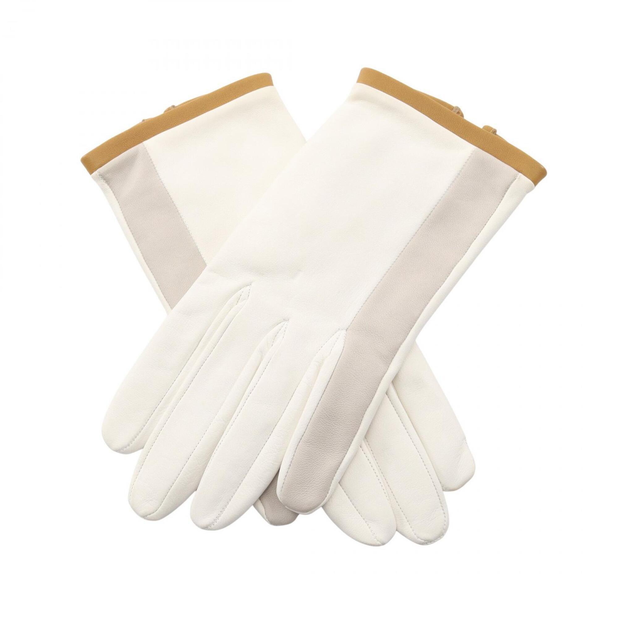 Hermes Hermes Trimmed Piping Leather Gloves For Women, White, Gray, Khaki